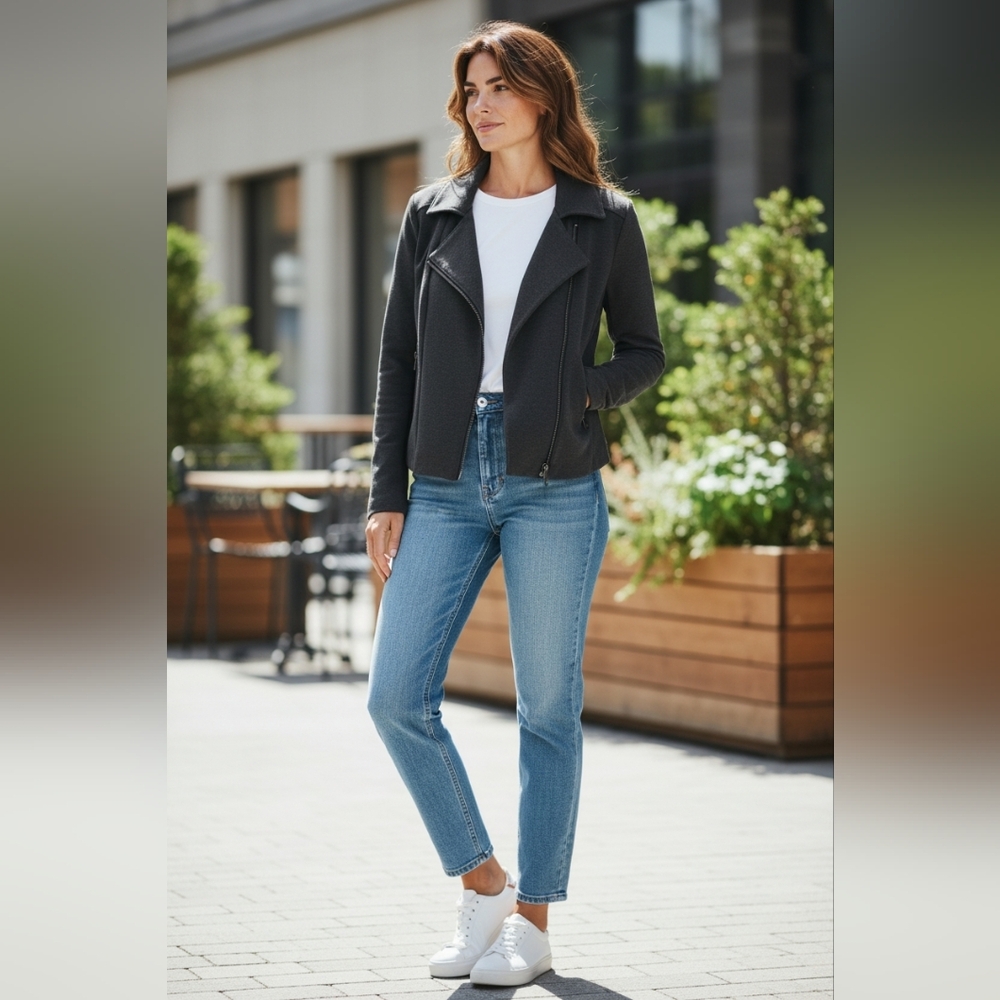 Catherine Malandrino Runway Style Fleece Moto Jacket Biker Goth Ponte Knit